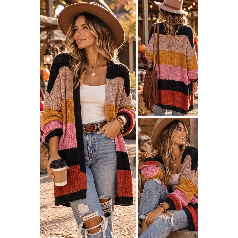 Umgee USA Womens Large Striped Waffle Knit Open Front Cardigan Sweater